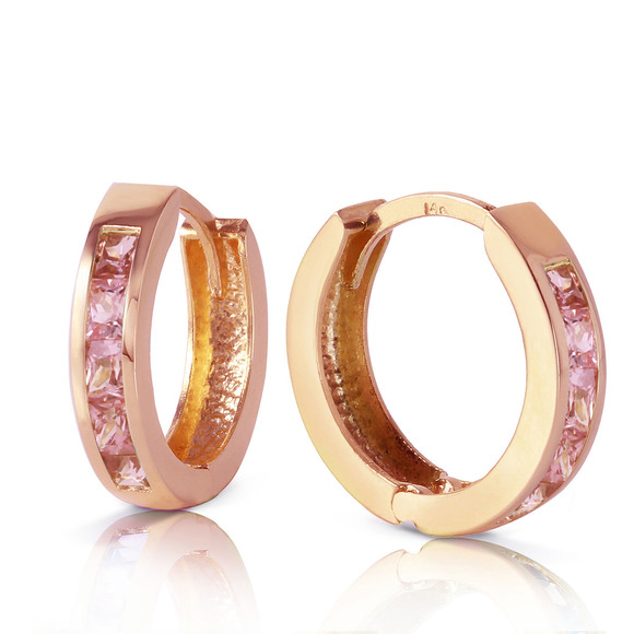 14K.SOLID GOLD H00P HUGGIE EARRING WITH PINK SAPPHIRES (Rose Gold) - Picture 3 of 5